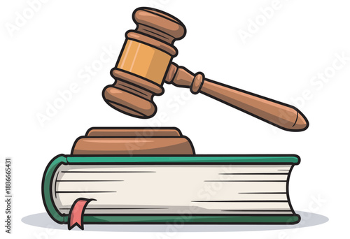 Wooden Gavel Atop a Book, Symbolizing Law, Legal System, Justice, Legal Education, Courtroom Rulings, Judicial Decision, Isolated Vector, Legal Illustration, Authority Concept