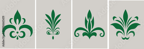Fleur De Lis Icon Set Isolated. Fleur-de-lis emblem Vector Vintage White and Black outline icon. traditional medieval heraldry symbol.