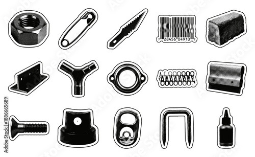 Halftone Engraving Industrial Hardware and Everyday Objects Element Kit for Gritty Urban Graphic Design