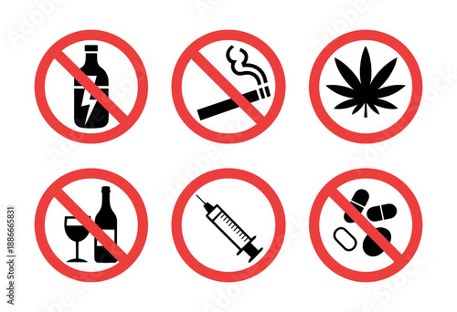 No Drugs Sign Vector - Professional Prohibition Symbol with Syringe Pill and Leaf Icons for Zero Tolerance Policy and Drug-Free Zone Enforcement