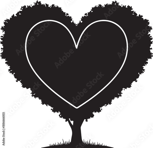 Black silhouette of heart shaped tree with outline heart inside vector illustration