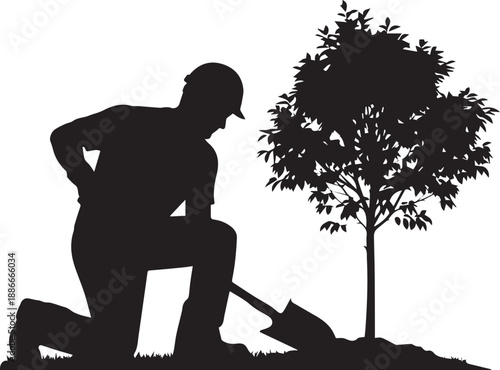 Gardener kneeling planting small tree in soil with shovel silhouette vector design