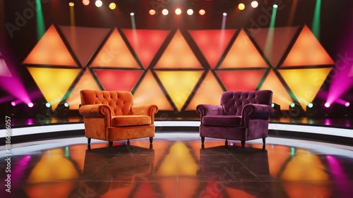 Wallpaper Mural A vibrant television studio stage with two armchairs facing each other, surrounded by colorful geometric patterns and bright stage lighting Torontodigital.ca