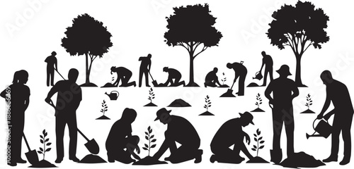 Group of diverse people planting trees together silhouette illustration for reforestation vector