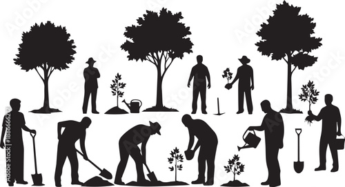 People planting trees vector silhouette illustration line art gardening community activity