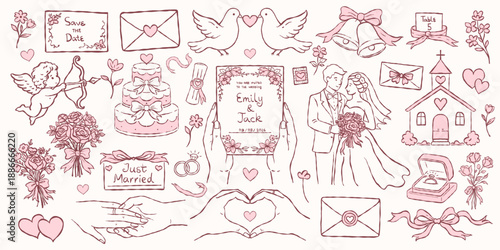 Hand drawn wedding love elements set