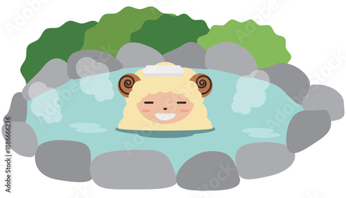 かわいい干支の羊（未年）が露天風呂に使っているイラスト素材