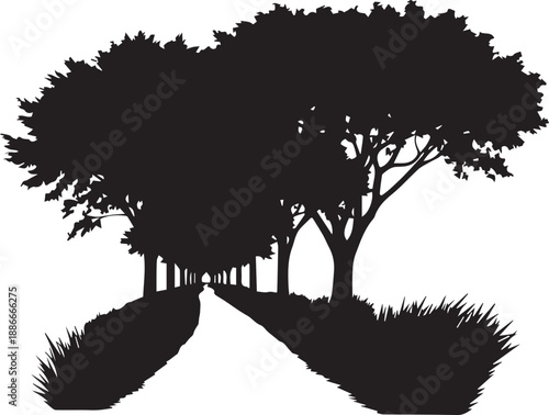 Silhouette of tree lined path leading into distance vector illustration