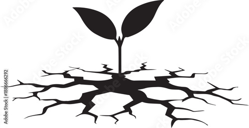 Small plant seedling breaking through cracked dry earth symbolizing resilience vector line art illustration