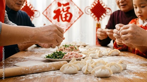 Family members prepare dumplings together at a table during a festive gathering in a home setting before a holiday celebration Generative AI