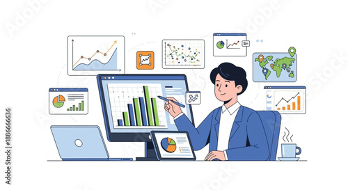 Businessman analyzing data on computer screen.