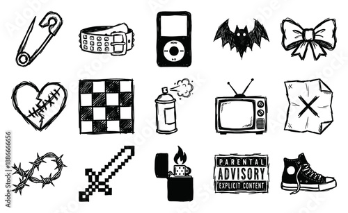 Hand Drawn Emo Punk Aesthetic Graphic Element Kit for Alternative Youth Subculture Design
