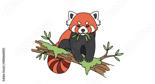 Adorable cartoon red panda sitting on a mossy tree branch.
