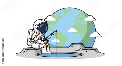 Cute cartoon astronaut fishing in a crater on the moons surface.