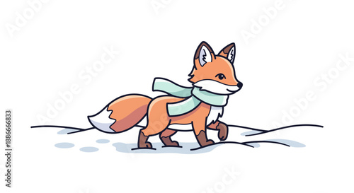 Cute cartoon fox character wearing a light blue scarf walking in the snow.