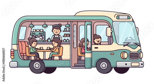 Charming illustrated bus cafe with a barista serving customers coffee.
