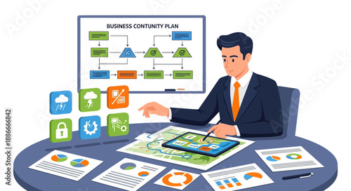 Businessman creating business continuity plan strategy.