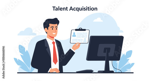 Businessman holding resume in office setting.