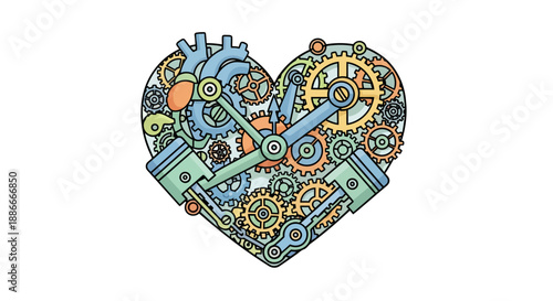 Colorful Steampunk Heart Engine with Anatomical and Mechanical Parts.