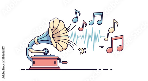 Vintage gramophone playing music with colorful notes and soundwave illustration.