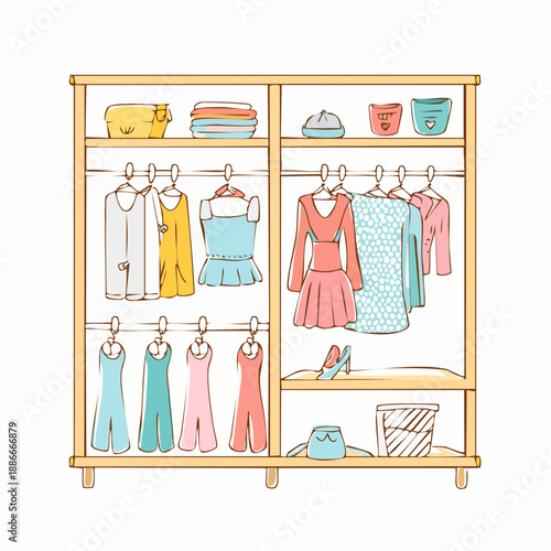 Fashionable clothing and accessories displayed on a wooden closet with multiple shelves and hanging rods
