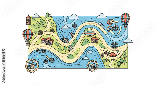 Stylized Cartoon Adventure Map for Travel and Exploration.