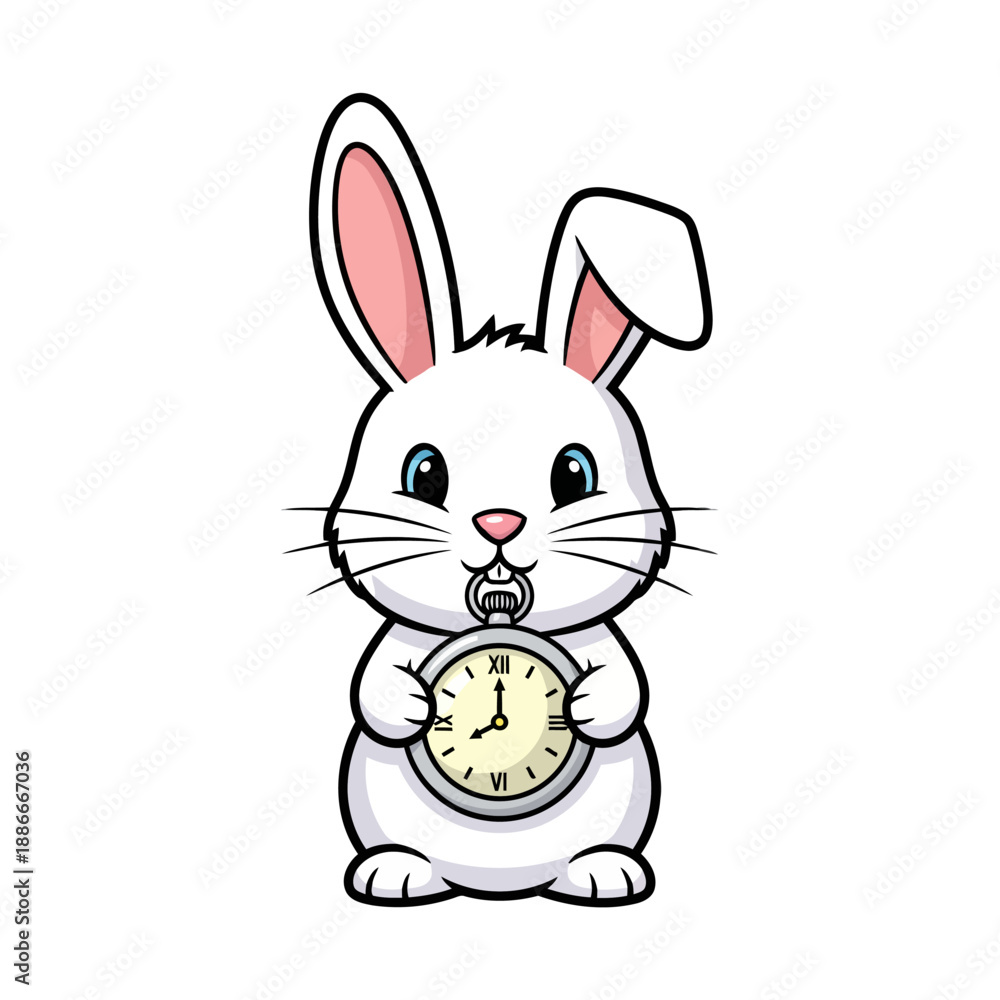 Fototapeta premium Cute cartoon white rabbit holding a vintage pocket watch.