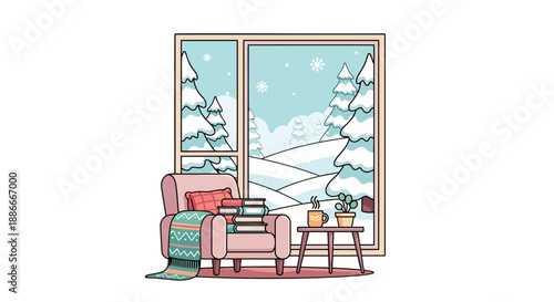 Cozy reading nook with a pink armchair and a stack of books.