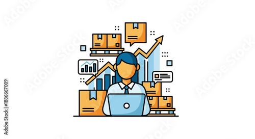 Businessman with charts and boxes illustration.
