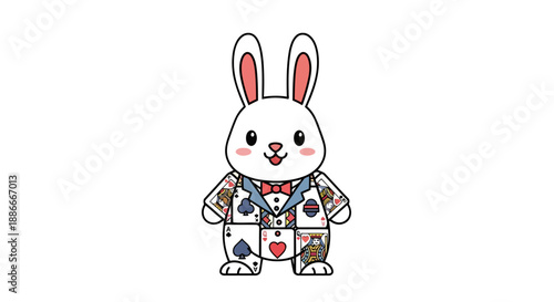 Cute cartoon white rabbit character wearing a playing card suit and red bowtie.