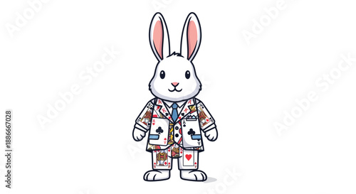 Illustrated white rabbit character standing in a colorful patterned suit.