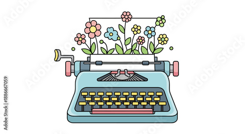 Vintage blue typewriter with colorful flowers blooming from the paper.