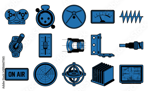 Flat Vector Retro Engineering Elements Asset Sheet for Mid-Century Laboratory and Broadcaster Themes