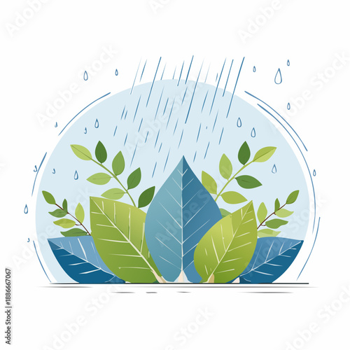 Illustration of leaves and plants in various shades surrounded by rain droplets from a top viewpoint