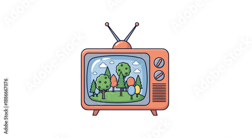 Vintage orange cartoon television set with antennas isolated on a white background.