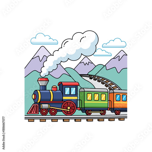 Colorful cartoon steam train locomotive with passenger cars on a railway track.