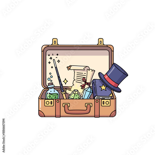 Vintage suitcase filled with magical items for a wizard or magician.