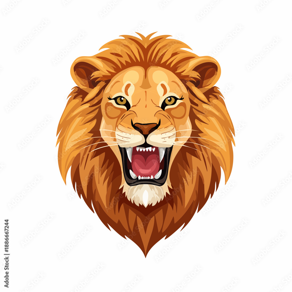 Fototapeta premium A majestic lion's head with a fierce expression, mouth open, and mane flowing, viewed from the front, in a digital illustration style.