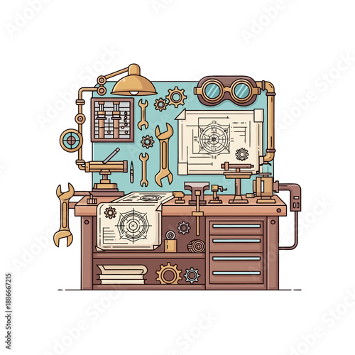 Steampunk inventors workbench with tools, blueprints, and goggles.