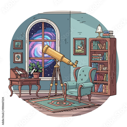Vintage Telescope in a Cozy Study Room for Astronomy and Stargazing.