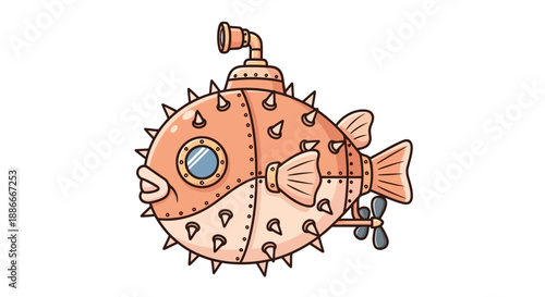 Steampunk pufferfish submarine with spikes and periscope cartoon illustration.