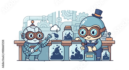 Cute Cartoon Robot and Inventor Working in a Whimsical Laboratory.