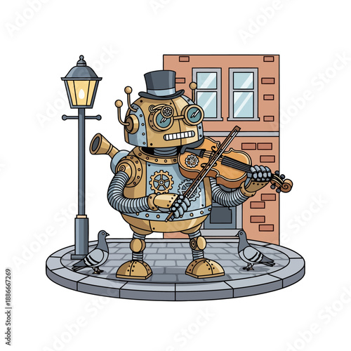 Charming steampunk robot street performer playing the violin.