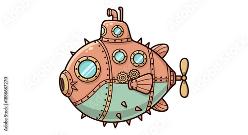 Illustrated steampunk submarine designed to look like a mechanical fish.