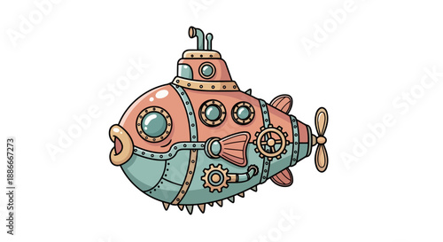 Illustrated steampunk submarine designed like a mechanical fish with gears.