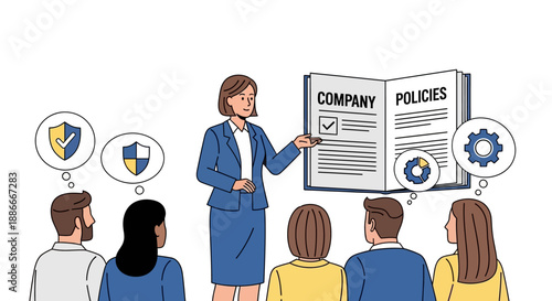 Businesswoman presenting company policies to colleagues.