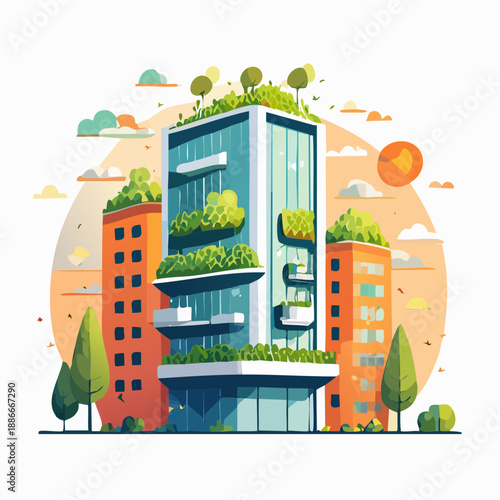 Modern eco-friendly building with lush greenery on rooftops and balconies standing amidst cityscape under a sunny sky