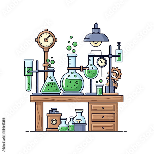 Cartoon illustration of a chemistry laboratory setup on a wooden table.