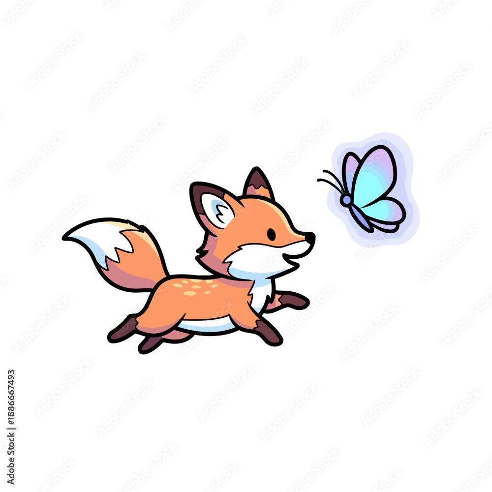 Obraz premium Cute cartoon fox happily chasing a beautiful blue butterfly.