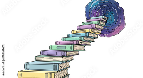 Stairs made of stacked books leading to a swirling cosmic vortex.